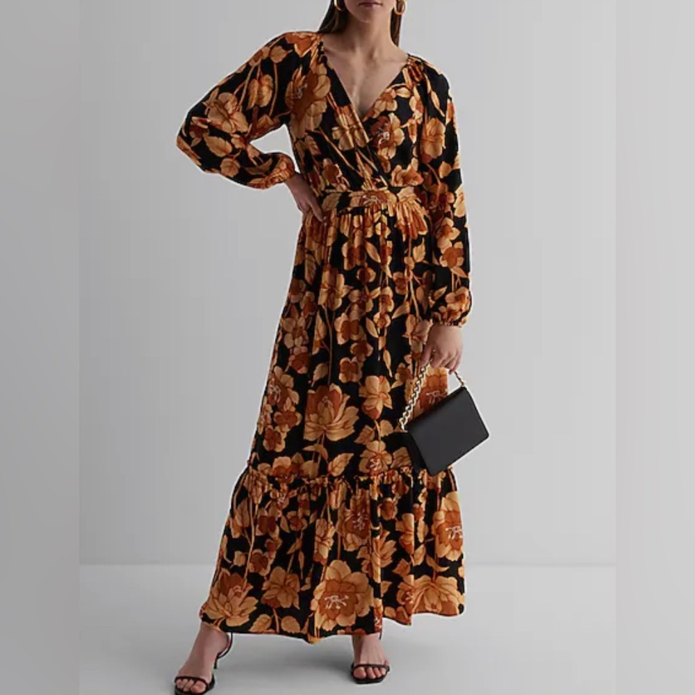 Express Floral V-Neck Long Sleeve Surplice Tiered Maxi Dress, L
